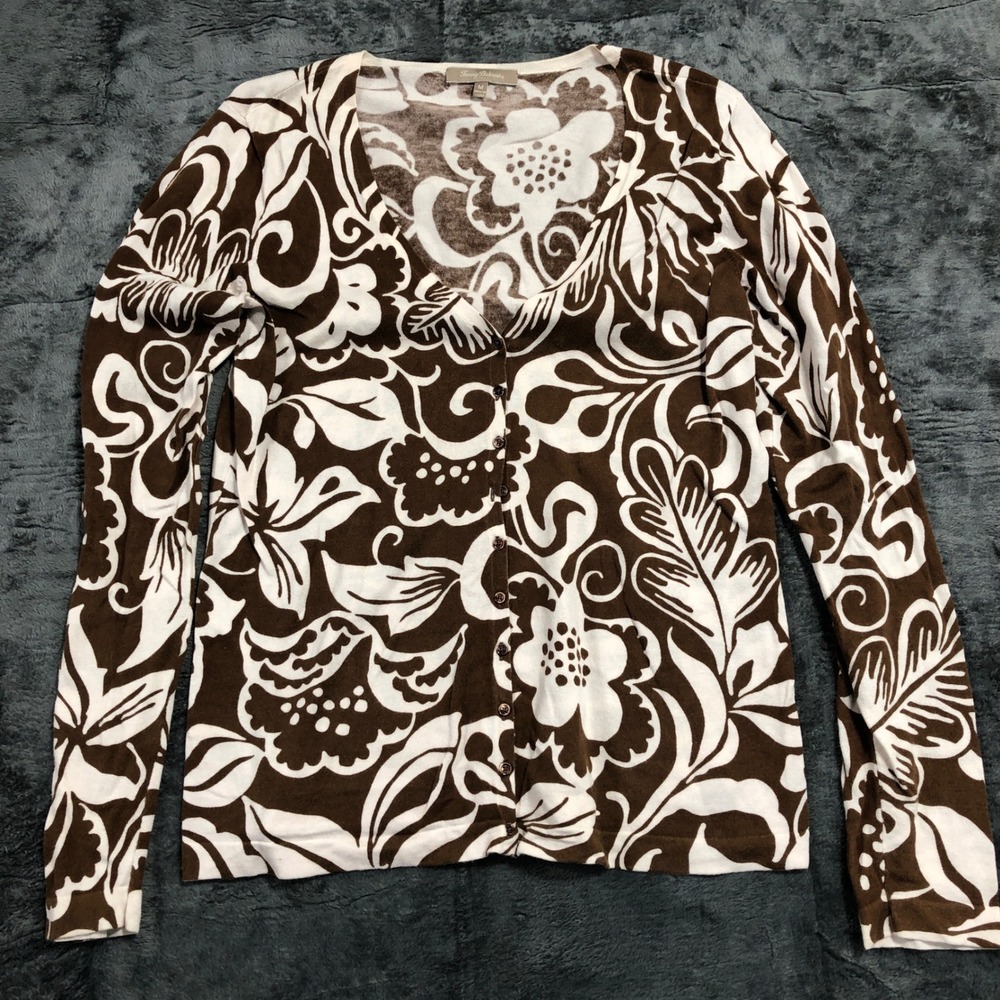 Tommy Bahama Cardigan Womens Medium Brown White Floral Cotton‎ Knit 93-TW40112